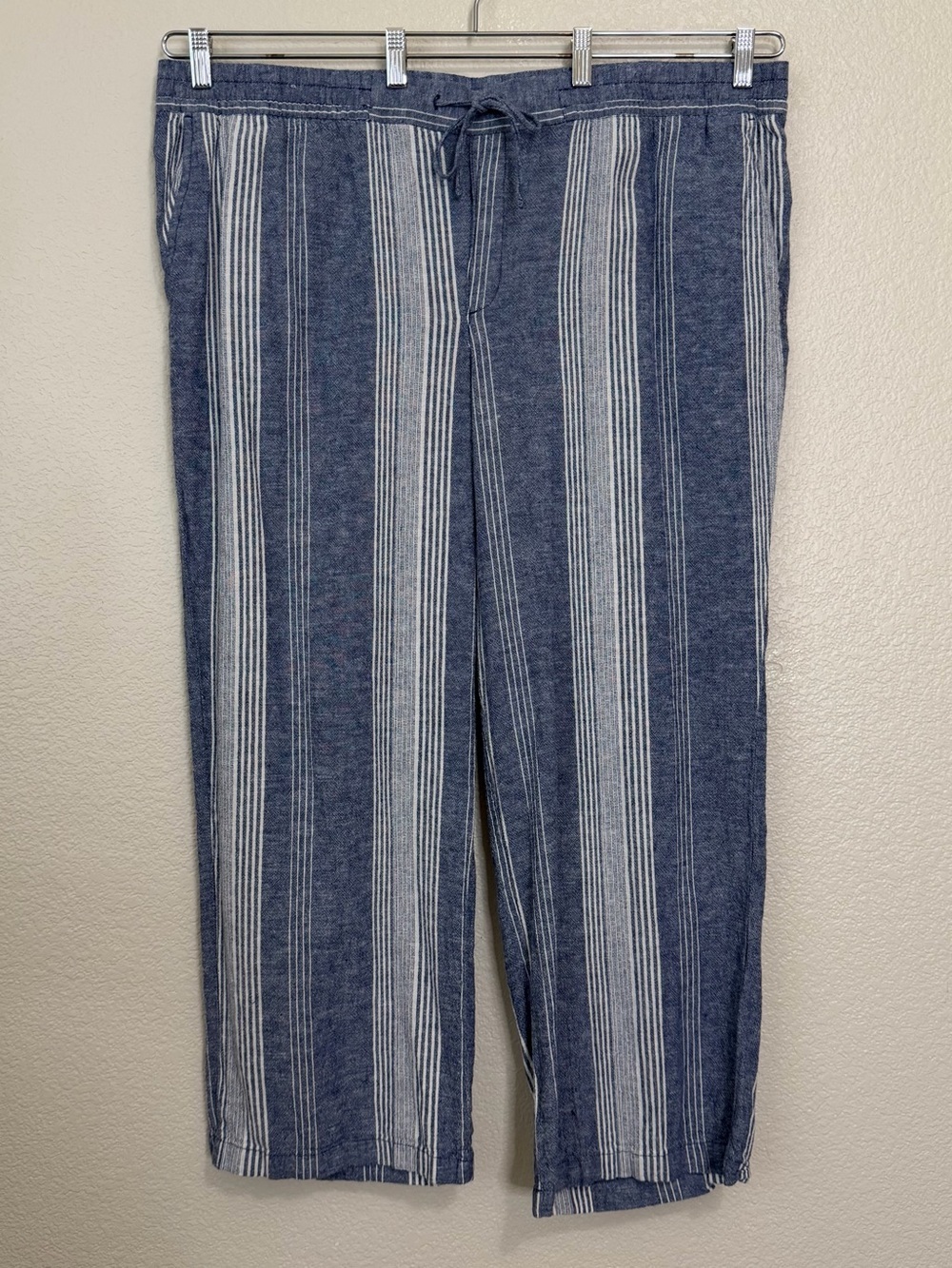 Old Navy Linen Blend Blue White Striped Wide Leg Pull-On Pants, Size XXL